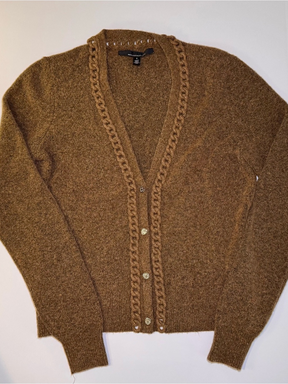 White House Black Market Brown Braided-Trim V-Neck Cardigan Sz Small